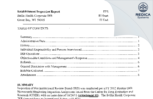 FDA 483 - Bellin Health System Inc., IRB [Green Bay / United States of America] - Download PDF - Redica Systems