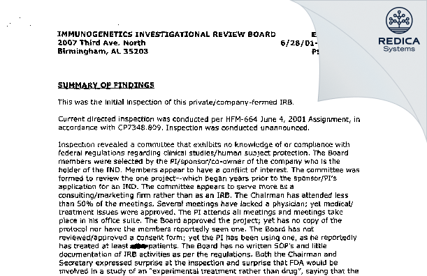 EIR - ImmunoGenetics Investigational Review Board [Birmingham / United States of America] - Download PDF - Redica Systems