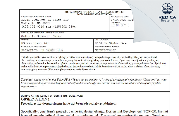 FDA 483 - US Vascular, LLC [Beaverton / United States of America] - Download PDF - Redica Systems
