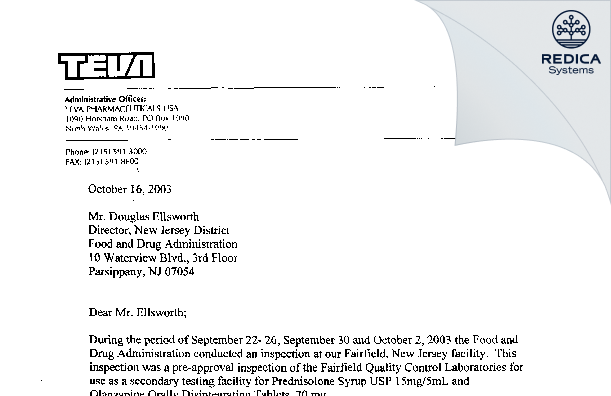 FDA 483 Response - Teva Pharmaceuticals USA, Inc. [Fairfield / United States of America] - Download PDF - Redica Systems