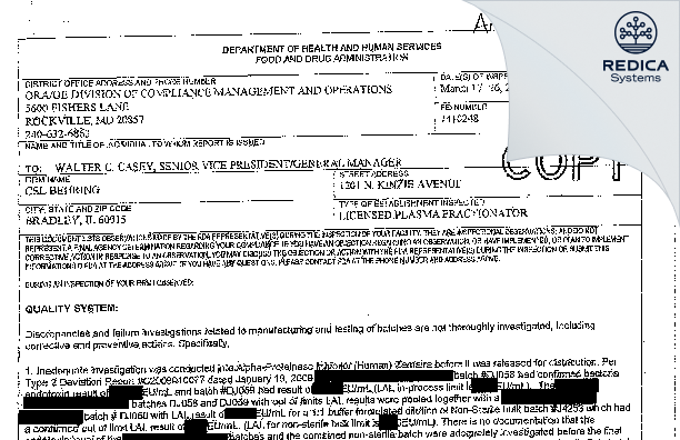 FDA 483 - CSL Behring L.L.C. [Bradley / United States of America] - Download PDF - Redica Systems