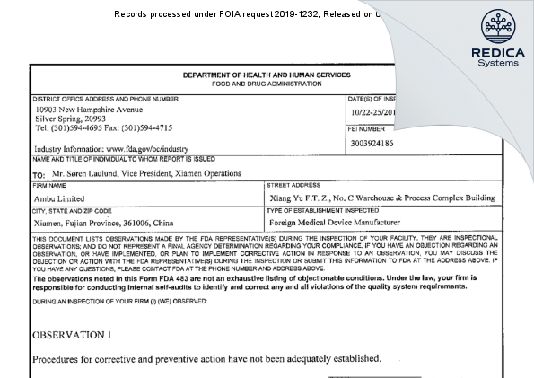 FDA 483 - Ambu Ltd. [Xiamen / China] - Download PDF - Redica Systems