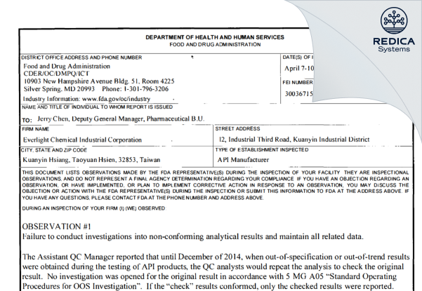 FDA 483 - Everlight Chemical Industrial Corporation Kuanyin II Plant [Taoyuan / Taiwan] - Download PDF - Redica Systems
