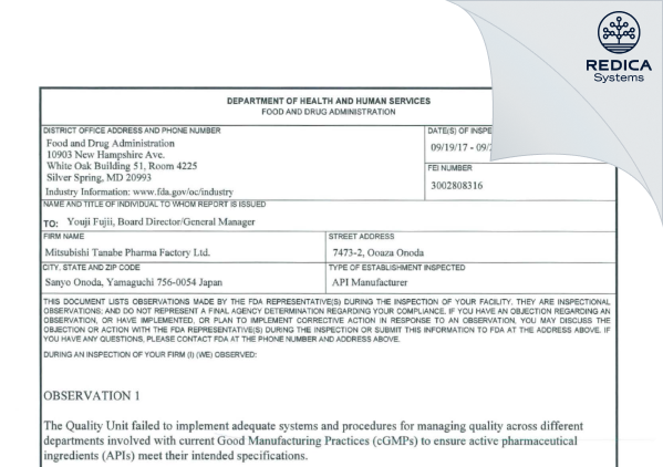 FDA 483 - Mitsubishi Tanabe Pharma Factory Ltd. [San-Yoonoda / Japan] - Download PDF - Redica Systems