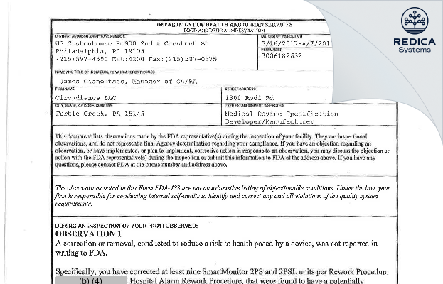 FDA 483 - Circadiance LLC [Turtle Creek / United States of America] - Download PDF - Redica Systems