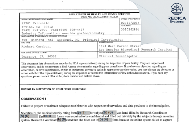 FDA 483 - Richard Casaburi [Torrance / United States of America] - Download PDF - Redica Systems