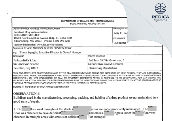 FDA 483 - Patheon Italia S.p.A [Italy / Italy] - Download PDF - Redica Systems