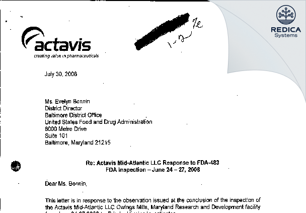 FDA 483 Response - Actavis Mid Atlantic LLC [Owings Mills / United States of America] - Download PDF - Redica Systems