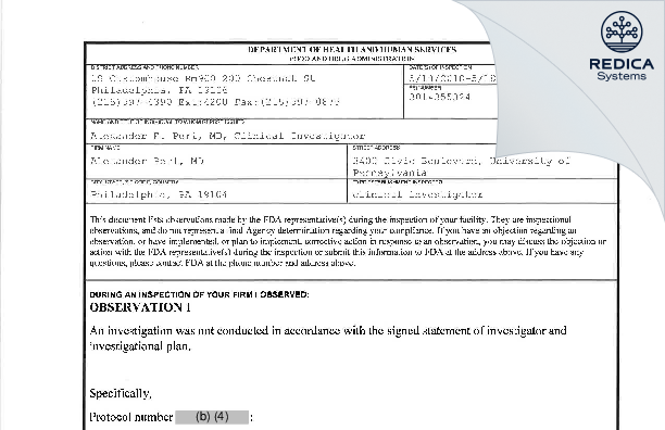 FDA 483 - Alexander Perl, MD [Philadelphia / United States of America] - Download PDF - Redica Systems