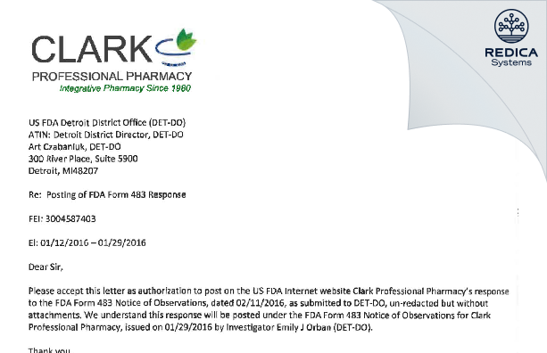 FDA 483 Response - Clark Professional Pharmacy, LLC [Ann Arbor / United States of America] - Download PDF - Redica Systems