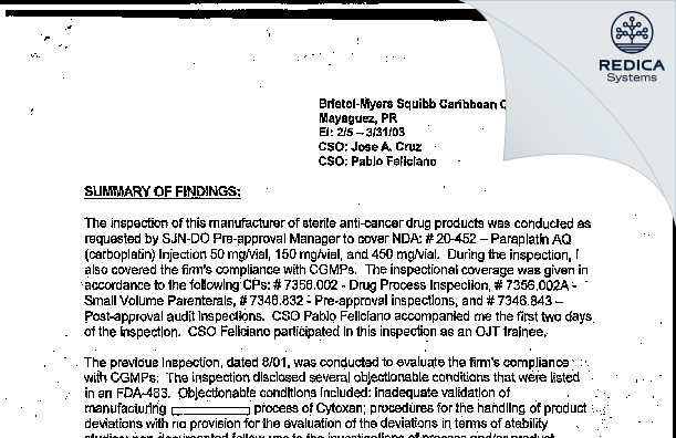 EIR - Bristol Myers Squibb Caribbean Company [Mayaguez / United States of America] - Download PDF - Redica Systems
