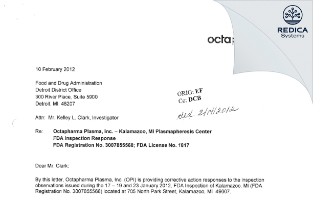 FDA 483 Response - Octapharma Plasma, Inc. [Kalamazoo / United States of America] - Download PDF - Redica Systems