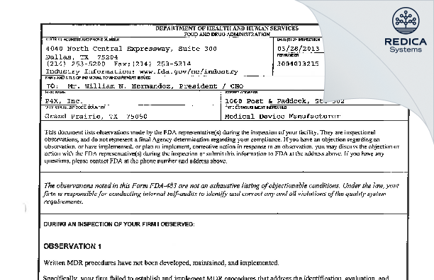 FDA 483 - P4X, Inc. [Grand Prairie / United States of America] - Download PDF - Redica Systems
