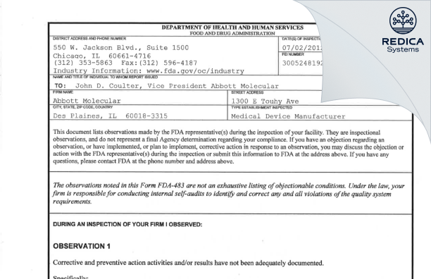FDA 483 - Abbott Molecular, Inc. [Des Plaines / United States of America] - Download PDF - Redica Systems