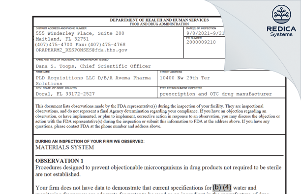 FDA 483 - PLD Acquisitions LLC D/B/A Avema Pharma Solutions [Miami Florida / United States of America] - Download PDF - Redica Systems