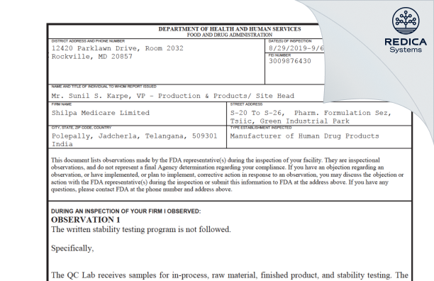 FDA 483 - SHILPA MEDICARE LIMITED [Jadcherla Mahabubnagar / India] - Download PDF - Redica Systems
