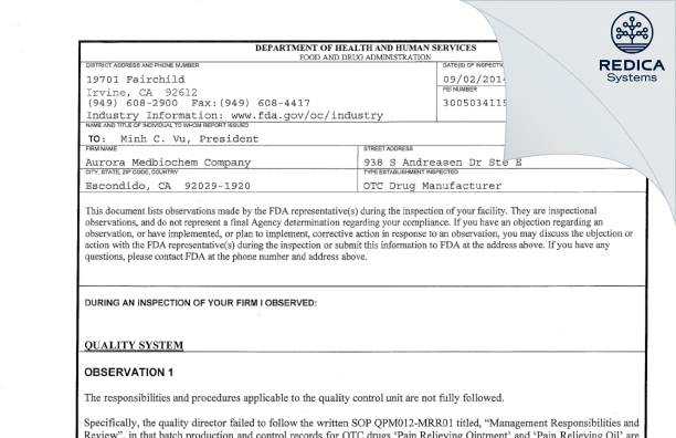 FDA 483 - Aurora Medbiochem Company [Escondido / United States of America] - Download PDF - Redica Systems