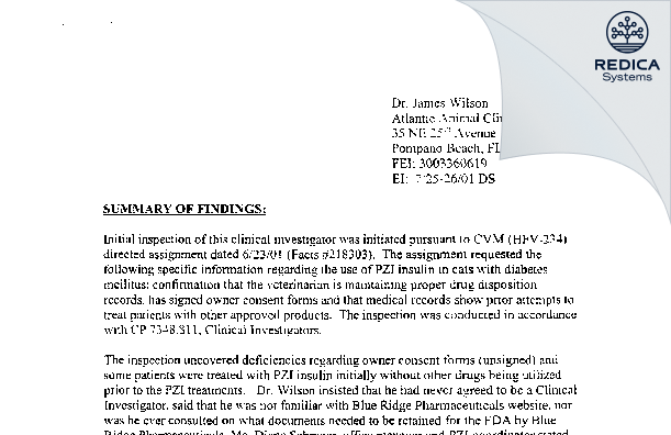 EIR - James Wilson, DVM [Pompano Beach / United States of America] - Download PDF - Redica Systems