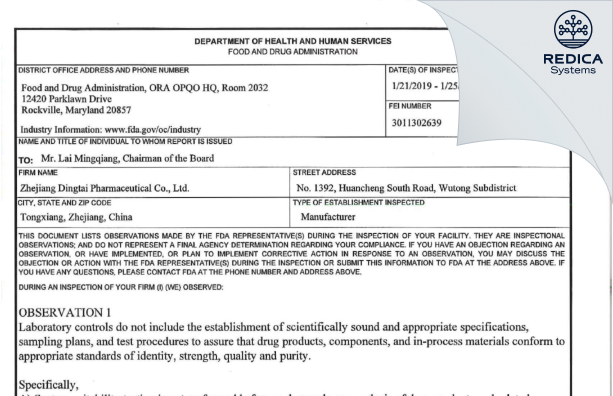 FDA 483 - Zhejiang Dingtai Pharmaceutical Co., Ltd [China / China] - Download PDF - Redica Systems