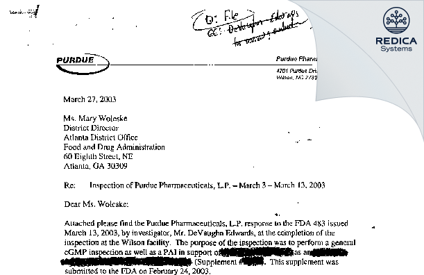 FDA 483 Response - Purdue Pharmaceuticals L.P. [Wilson / United States of America] - Download PDF - Redica Systems