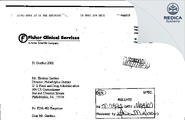 FDA 483 Response - Fisher Clinical Services Inc. [Breinigsville Pennsylvania / United States of America] - Download PDF - Redica Systems
