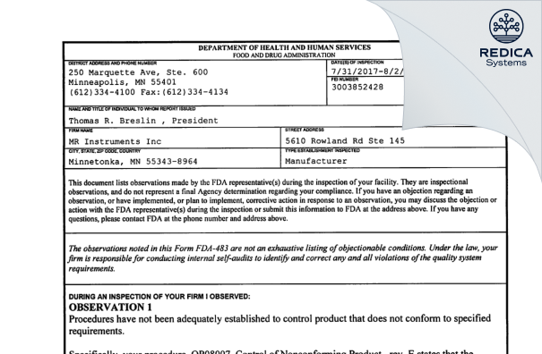 FDA 483 - MR Instruments Inc [Brooklyn Park / United States of America] - Download PDF - Redica Systems