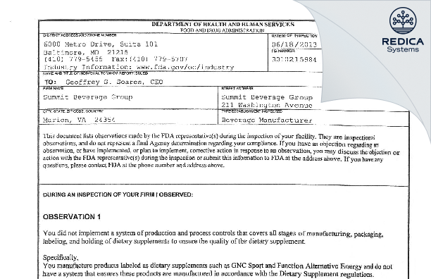 FDA 483 - Summit Beverage Group, LLC [Marion / United States of America] - Download PDF - Redica Systems