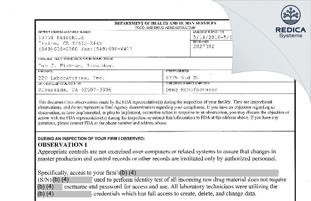 FDA 483 - 220 Laboratories LLC. [California / United States of America] - Download PDF - Redica Systems