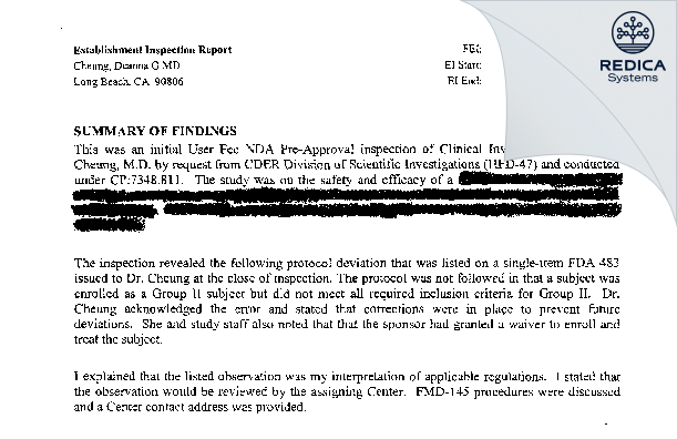 EIR - Cheung, Deanna G MD [Long Beach / United States of America] - Download PDF - Redica Systems