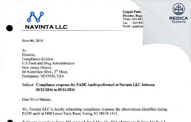 FDA 483 Response - Navinta LLC [Jersey / United States of America] - Download PDF - Redica Systems