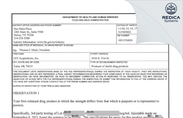 FDA 483 - CFP Acquisitions Inc. [Tulsa / United States of America] - Download PDF - Redica Systems