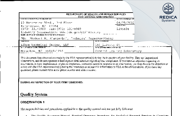 FDA 483 - Libra Technical Center, LLC [Metuchen / United States of America] - Download PDF - Redica Systems