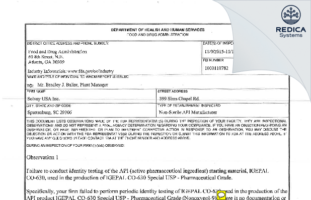 FDA 483 - Solvay USA Inc. [Spartanburg / United States of America] - Download PDF - Redica Systems