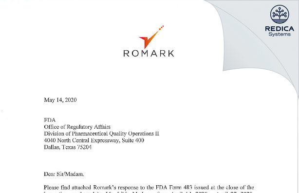 FDA 483 Response - Romark Global Pharma, LLC [Rico / United States of America] - Download PDF - Redica Systems