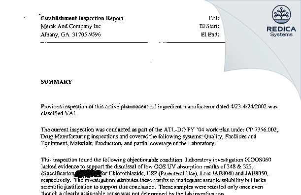 EIR - Merck And Company Inc [Albany / United States of America] - Download PDF - Redica Systems
