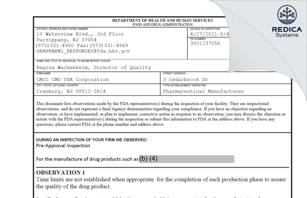 FDA 483 - CMIC CMO USA CORP [Cranbury / United States of America] - Download PDF - Redica Systems