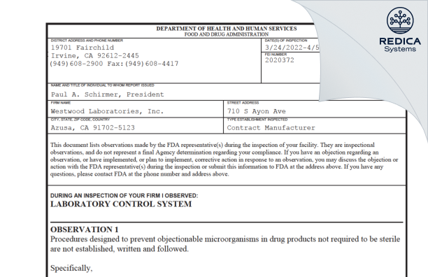 FDA 483 - Westwood Laboratories, Inc. [California / United States of America] - Download PDF - Redica Systems