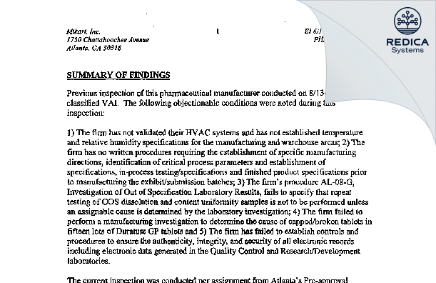 EIR - Mikart, LLC [Atlanta / United States of America] - Download PDF - Redica Systems
