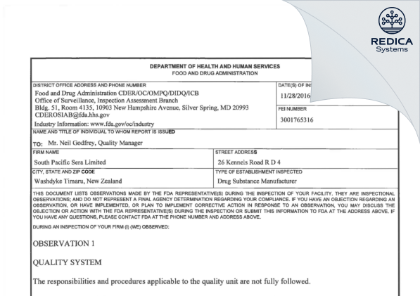 FDA 483 - South Pacific Sera Limited [Timaru / New Zealand] - Download PDF - Redica Systems