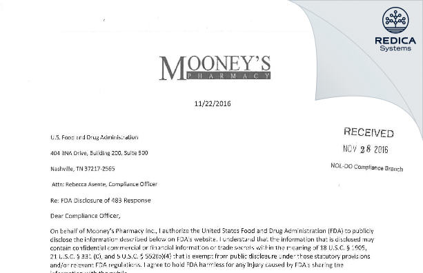 FDA 483 Response - Mooney's Pharmacy, Inc. [Johnson City / United States of America] - Download PDF - Redica Systems