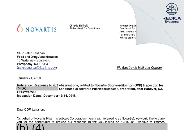 FDA 483 Response - Novartis Pharmaceuticals Corporation [Jersey / United States of America] - Download PDF - Redica Systems