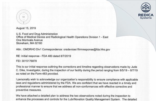 FDA 483 Response - LUBRINOVATION, Inc. [Frederick / United States of America] - Download PDF - Redica Systems