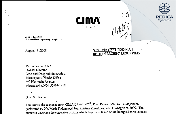 FDA 483 Response - Cima Labs, Inc. [Eden Prairie / United States of America] - Download PDF - Redica Systems