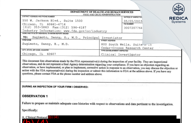 FDA 483 - Danny H. Sugimoto, M.D. [Chicago / United States of America] - Download PDF - Redica Systems
