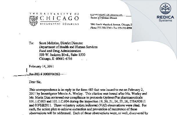 FDA 483 Response - Kathleen M. Mullane, D.O. [Chicago / United States of America] - Download PDF - Redica Systems