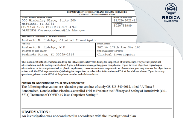 FDA 483 - Ausberto B. Hidalgo, M.D. [Pembroke Pines / United States of America] - Download PDF - Redica Systems
