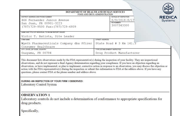 FDA 483 - Wyeth Pharmaceuticals Company [Rico / United States of America] - Download PDF - Redica Systems