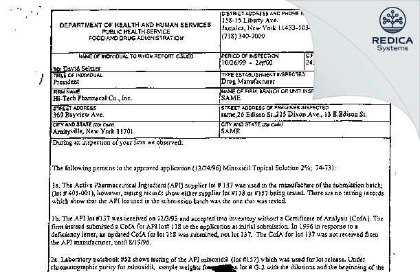 FDA 483 - Chartwell Pharmaceuticals Amityville, LLC. [Amityville / United States of America] - Download PDF - Redica Systems