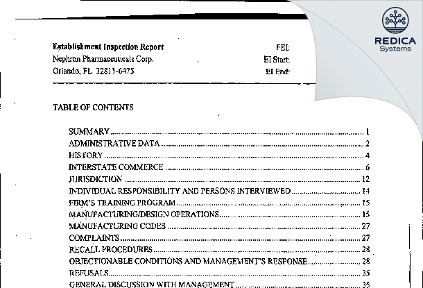 EIR - Nephron Pharmaceuticals Corporation [Orlando / United States of America] - Download PDF - Redica Systems