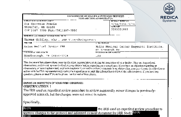 FDA 483 - MaineHealth IRB #1 [Portland / United States of America] - Download PDF - Redica Systems